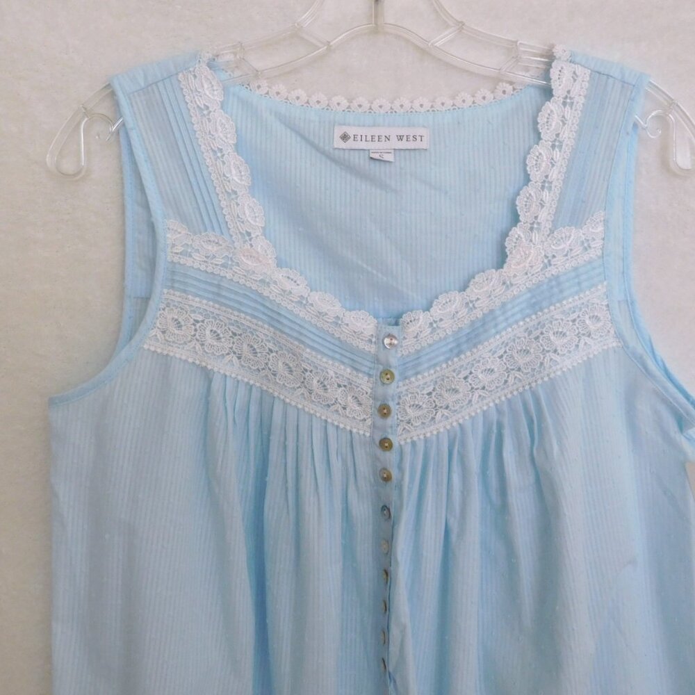 NWT Eileen West Long Nightgown S Sleeveless Gown Blue Dotted Swiss Stripe